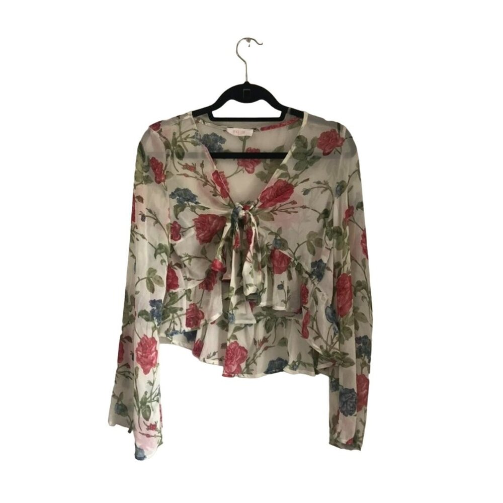 Peach Love Womens Sheer Chiffon Floral Tie Front Cropped Ruffle Blouse Large